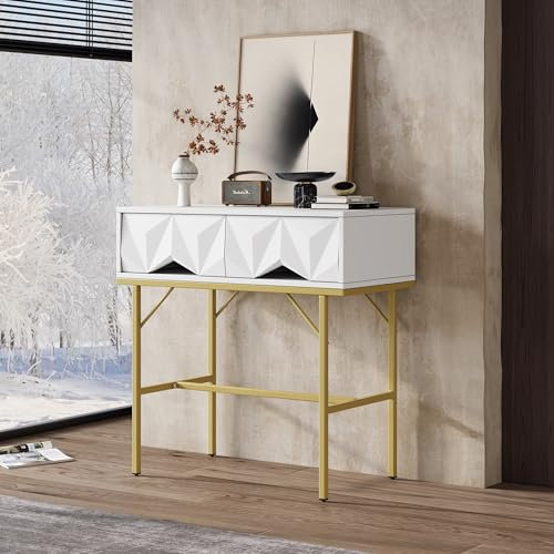 Konsolentisch Beistelltisch mit 2 Schubladen und Metall Beine, Moderner Flurtisch Sofatisch Eingangtisch Sideboard mit Geometrische Dekoration für Flur, Wohnzimmer, 80×40×80cm (Weiß+Gold)