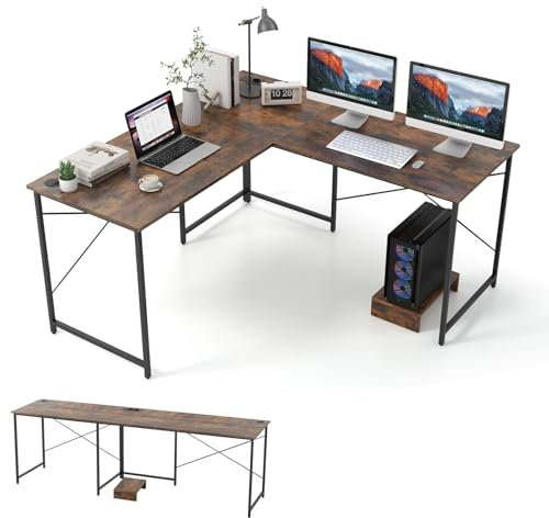 LIFEZEAL L-förmiger Schreibtisch mit Mehrfachsteckdose, Reversibeler Computertisch Eckschreibtisch mit Monitorständer, Gaming Laptop PC Tisch für zu Hause und im Büro (Braun)