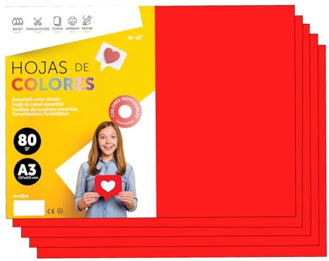 Buntes Papier A3 80g für Drucker & Basteln, Farbige Blätter für Kinder, Kreativprojekte, Karten & Schule M-office (100 Blatt, Rot)