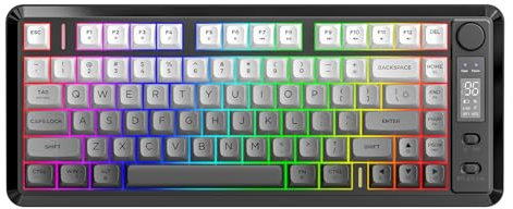 FREEWOLF M75 Dual-Mode Wireless Keyboard, Bluetooth+2.4G Connection, Knob Control&Display Screen, 82-key Compact PBT Gradient Keycaps, Rainbow Light, 2000mAh, Full-Key Non-Conflict for Mac/Win-Black