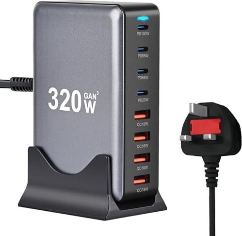 320W USB C Charger Station- 8 Port GaN III Safe USB Multi Charger, Portable Travel Fast Charger Block with PD 145W Laptop Charger/30W QC, Compatible with MacBook Pro/Air, i-Phone 16/15, i-Pads