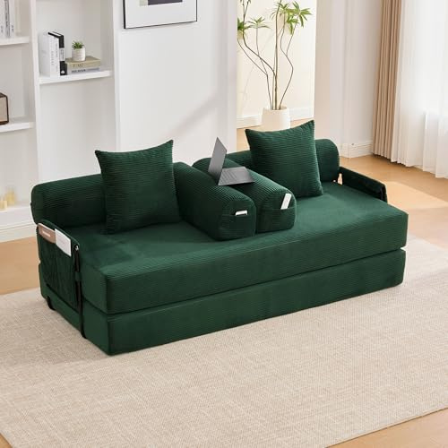 A ALFRESCOOL Modulares Sofa, Boneless Couch, Schlafsofa, Sofa mit Schlaffunktion, Zusammenlegbares, Robustem Metallrahmen, Seitentaschen + 3 Kissen, 200×94×67cm (Smaragdgrün)
