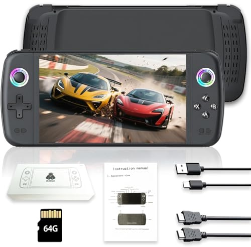 Nuova console di gioco portatile M27, 64 GB di memoria interna con 20.000 giochi, sistema Linux, schermo IPS da 7 pollici, console portatile mini arcade tascabile, uscita HD (nero, 64 g)