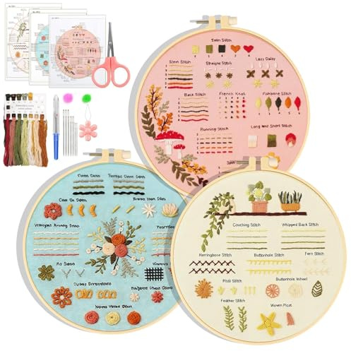 EEEKit Stickset Für Anfänger: 3 Sets Kreuzstich Stickerei Starter Set | Blumenmuster Pflanzen Embroidery Kit mit 28 Stichen Lernanleitung und Garne Nadeln & Stickrahmen für Erwachsene DIY Handwerk