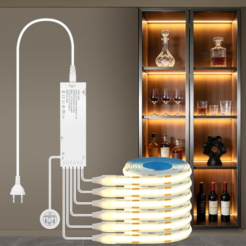 AXFEE COB LED Strip 1M, 6 in 1 Dimmbar COB LED Streifen Set mit 60W Stecker | Warmweiß led-Band mit Berühren und Hand Sweep Dimmschalter, für Regal, Akustikpaneele, Schrank, Vitrine＆ Küche Beleuchtung