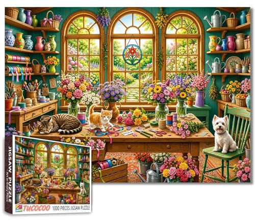 Flower Shop Jigsaw Puzzles for Adults 1000 Pieces cottagecore Scene DIY Puzzles for Family Activity Games Dogs and Cats Jigsaw Puzzles Home Wall Decor 19.7 x 27.6 Inch