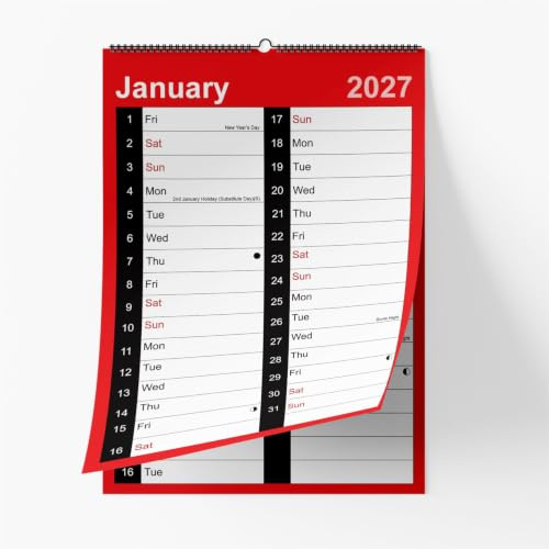 A4 2027 Wall Calendar Month To View Red And Black 12 Month Hanging Planner With Strip Includes UK Holidays, Important Dates And Moon Phases Home Office Family Organiser (A4, 2027)