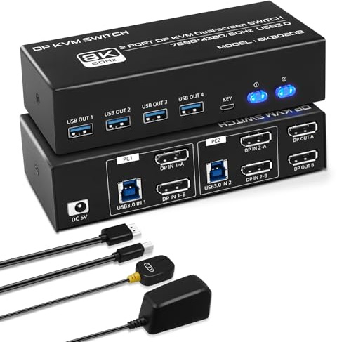 Displayport KVM Switch 2 PC 2 Monitores 8K60Hz - Conmutador KVM USB 3.0 Dual Monitor Soporta modo de ampliación y copia, con controlador de escritorio y cable para 2 PC 2 monitores Teclado Ratón