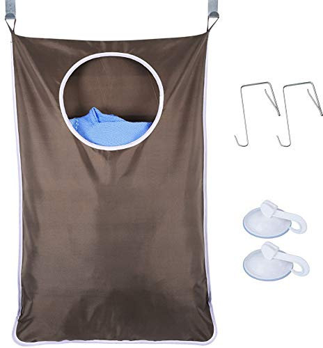 Uniuooi Door-Hanging Laundry Hamper Bag Coffee, Foldable & Space Saving Corner Laundry Organiser with 2PCS Stainless Steel Door Hooks 2PCS Suction Hooks