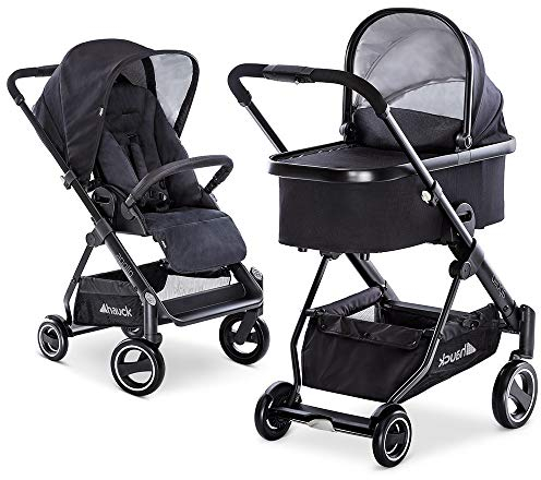 hauck Apollo Duoset Sportwagen + Beindecke + Babywanne, drehbar, bis 25 kg, Reflektoren, höhenverstellbarer Schiebegriff, kompakt faltbar, kompatibel mit Babyschale, schwarz caviar/caviar