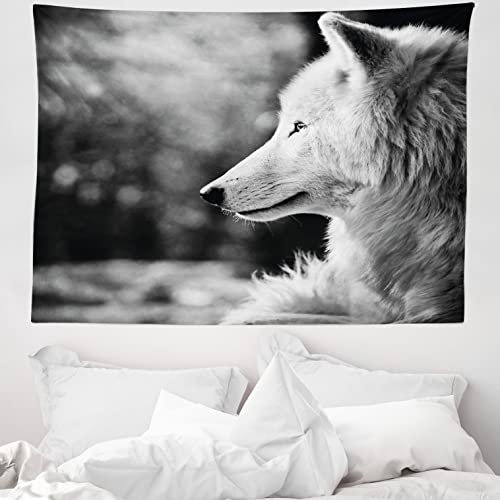 ABAKUHAUS Schwarz und weiß Wandteppich, Wolf-Porträt aus Weiches Mikrofaser Stoff Waschbar ohne Verblassen Digitaldruck, 150 x 110 cm, Hellgrau