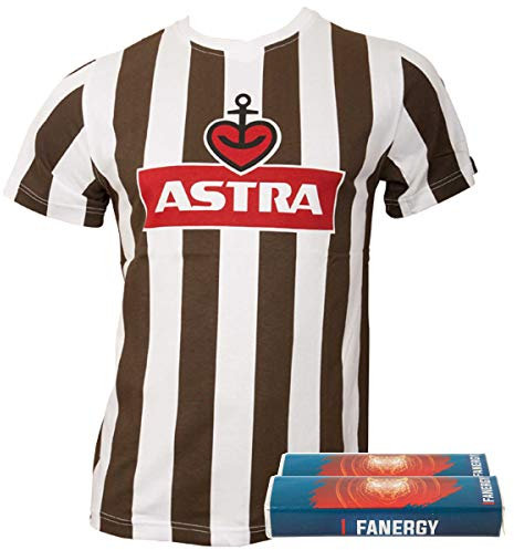 FC St. Pauli Herren Astra Traditions-Shirt T-Shirt Fußball Fanartikel Logo Braun Weiß+ + 2X Fanergy Traubenzucker (M)