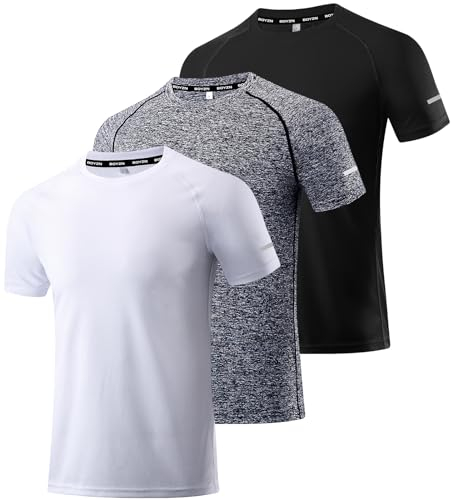 3er Pack Herren Sport T-Shirt Kurzarm Rundhals Atmungsaktiv Schnelltrocknendes Funktionsshirt Laufshirt Fitnessshirt Trainingsshirt für Running Workout Bodybuilding Black/White/HGrey-3P07-M