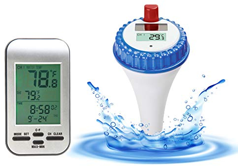 AMTAST Kabelloses Solar-Schwimmbad-Thermometer mit Kalender-Wecker für Außen-Schwimmbäder, Spas, Whirlpools, Teiche Digitaler schwimmender Temperaturmesser WT0224