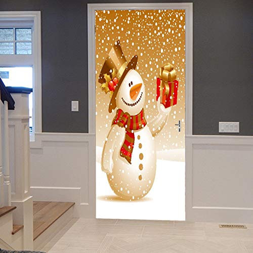 A.Monamour Türtapete Selbstklebend Türfolie Türposter 3D Weihnachts Motiv Winter Weißer Schnee Schneemann Geschenk Box Postkarte Vinyl Folie Türdeko Tapete Wandbild Türaufkleber Türtattoo 90 x 200 cm