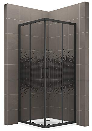 MOG Duschkabine 90x90 cm Höhe: 190 cm mit Schiebetüren Eckdusche mit Rollensystem aus 6 mm schwarz kariertem ESG Glas DK68