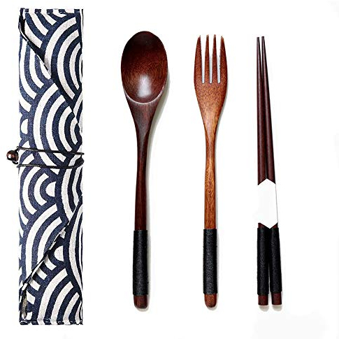 Ensemble de Couverts en Bois, 3 Pièces Ensemble Couverts en Bois Japonais, Ensemble Couverts en Bois Réutilisables, Couverts Réutilisables, pour le Camping de Pique Nique Voyage Famille Cuisine