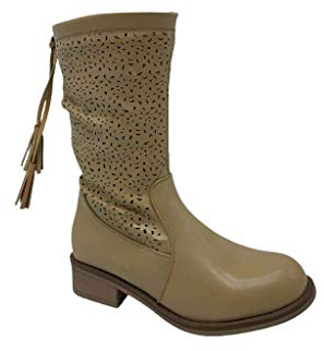 SENZA MARCA Fashion Moda Stivali Primaverili Estivi da Donna Traforati Biker Motociclista Moda Nero Nuovi Tacco Basso Comodi G522 (Beige, 36)