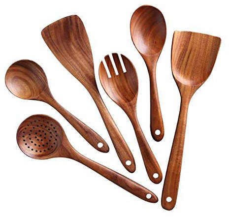 Axpdefi Wooden Utensils Natural Teak Cooking Utensils Set Nonstick Pan Large Kitchen Cooking Utensil Wooden Spatula, Spoon, Colander, Salad Fork for Cooking Set of 6