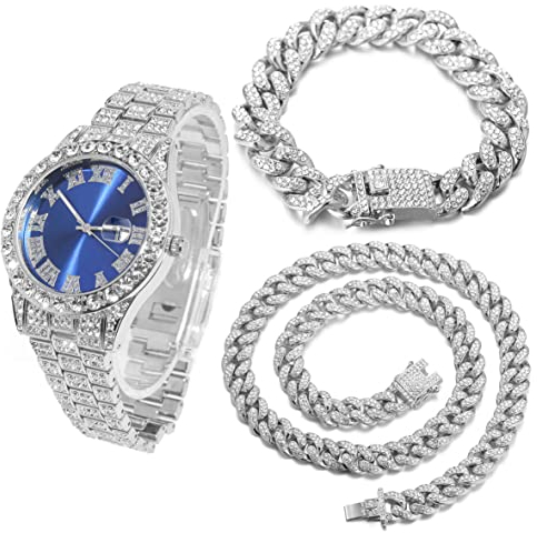Halukakah Diamant Golduhr, Herren Platin Weiß Vergoldet 42MM Breite Blau Wählen Quarz Armband 24cm mit Kubanischer Link Kette 20+45cm Halskette Armband Set, mit Geschenkbox