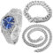 Halukakah Diamant Golduhr, Herren Platin Weiß Vergoldet 42MM Breite Blau Wählen Quarz Armband 24cm mit Kubanischer Link Kette 20+45cm Halskette Armband Set, mit Geschenkbox