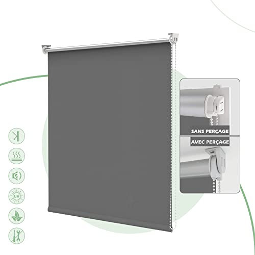 HOMEDEMO Store Enrouleur Occultant Isolant Thermique Opaque, Rideau, Fixation avec ou sans Perçage, 90 x 110 cm (Largeur du Tissu 86 cm), Gris Foncé