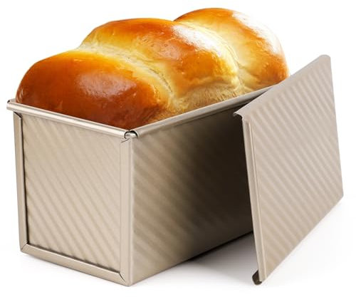 Beasea Pullman - Teglia per pane con coperchio, antiaderente, per cuocere il pane, in acciaio al carbonio, ondulato, con coperchio, utensili da forno, stampo per pane tostato e toast, colore: oro
