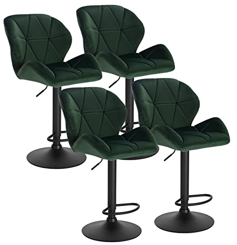 WOLTU Barhocker 4er Set Barstuhl Tresenhocker Bistrohocker Designer Hocker mit Rückenlehne, höhenverstellbar, drehbar, Samt Stahl, Dunkelgrün BH139dgn-4