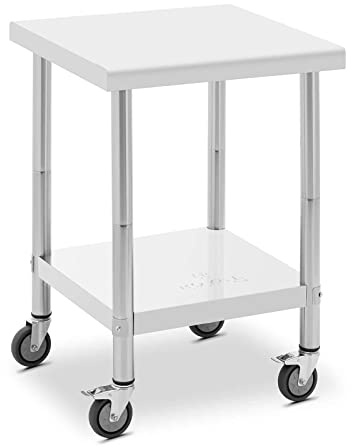 Royal Catering Arbeitstisch Edelstahl mit Rollen 60 x 60 cm | Tragkraft 120 kg, 4 Rollen (2 mit Bremsen), 2 Ebenen