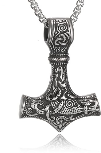 HSWYFCJY Wikinger Thor Hammer Halskette Herren Wikinger Mjölnir Edelstahl Kette für Männer Deko Kette Wikinger Geschenke Männer Schmuck,24 Silber/Schwarz/Gold 24Zoll