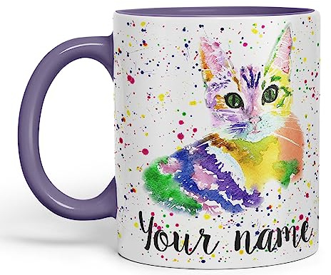 Vixar Personalised with Your Text Cat Kitten Feline Pet Animals Watercolour Art Coloured Ceramic Mug Cup Gift 330ml 11oz Custom Work Office Tea Coffee (Purple)