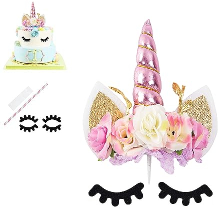 Nishine Tortenaufsatz mit Rosen-Motiv, Einhorn, für Geburtstagsparty, Kuchendekoration (Rosa & Elfenbein)