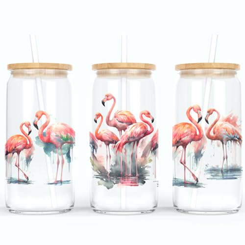online-hut - Trinkglas - Longdrink Glas - Becher aus Glas inkl. Deckel und Strohhalm - mit Flamingo Kolonie - A-TB-01-1 (Transparent)