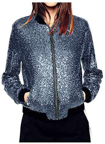 KBOPLEMQ Jacke Damen Pailletten Gold Damen Metallic Pailletten Blazer mit Glitzer Langarm Bomberjacke Langarm Party Club Offen Glitzer Cardigan Metallic Jacket