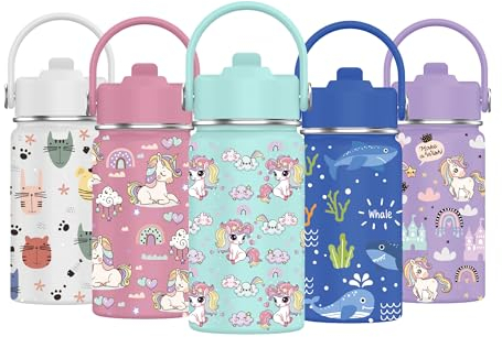 Mi Ko Mi Ka Botella de Agua para Niños de Acero Inoxidable 350ml - Térmica Reutilizable | Sin BPA | Mantiene 24H Frio / 12H Calor | Termo y Hermética - A Prueba de Fugas (Unicornio #F)