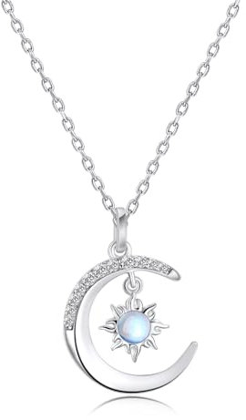 AILIFE Silberne Mond und Sonnen Halskette für Damen und Mädchen, Mond Opal Anhänger, zierliche, trendige keltische Halskette, Schmuckgeschenk, Weißgold beschichtetes Messing, Opal
