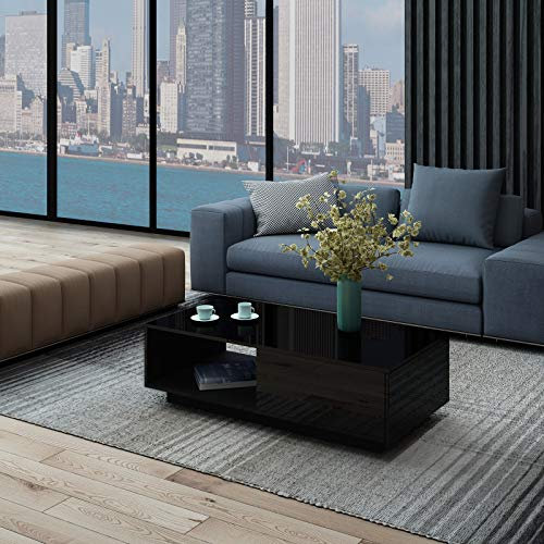 Moderner Couchtisch Schwarz Hochglanz Kaffee Tee Tisch mit 1 Aufbewahrungsschublade Mitteltisch für Wohnzimmermöbel