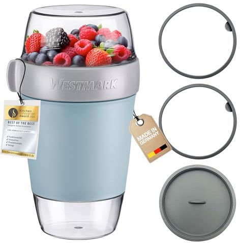 Westmark Lunchpot-Set groß – 3 auslaufsichere Fächer: 350 ml, 600 ml, 200 ml, inkl. 2 Dichtungsringen + 1 Ersatz-Deckel – Blau/Grau/Klar, 528722EB