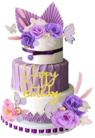 38Pcs Flower Cake Decorations - Happy Birthday Toppers, Butterfly Purple Palm Leaves, Bohemian Style for DIY Parties