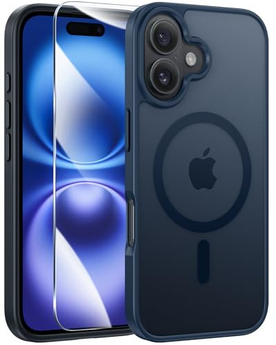 FNTCASE for iPhone 16 Phone Case: Magnetic Translucent Matte Shockproof Slim Cell Phone Cover - Military Grade Drop Proof Hard Back Anti-Fingerprint Protective Case (6.1 inch/Blue)