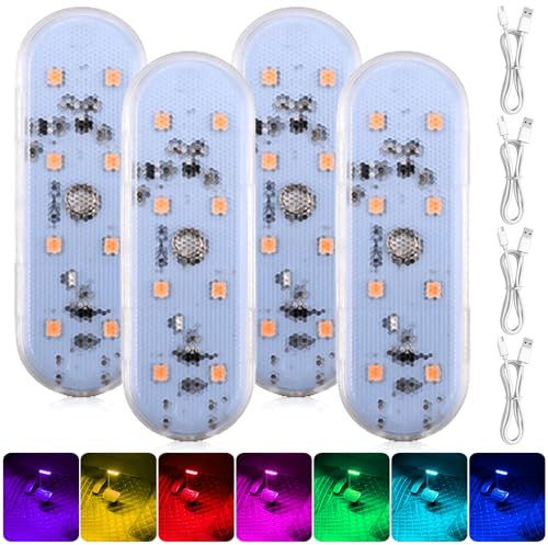 4 Stück Auto Led Innenbeleuchtung, RGB 7 Farben Einstellbar Magnetisch Touch Licht Innenraum Ambientebeleuchtung, 8 LED USB Wiederaufladbar Innenraumbeleuchtung LED Touch Licht für Auto Wohnmobil