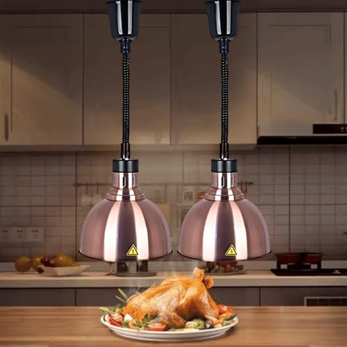 Aocay Lampada Riscaldante per Alimenti, Sospeso Lampade Scaldavivande Cucina 19 cm/25 cm, Lampade Riscaldanti per Cucina, Ristoranti, Hotel a Buffet 60-180cm Altezza Regolabile(Rame-25cm, 2 Pezzi)