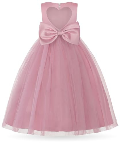 Uhnice Robe Fille Cérémonie Princesse Tulle Demoiselle d'honneur Perles Devant Nœud Dos cœur sans Manches pour Mariage Anniversaire