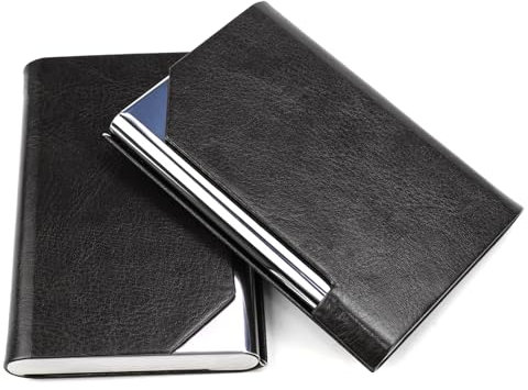 Erzekrim Lot de 2 porte-cartes de visite fins en cuir synthétique de qualité supérieure - Acier inoxydable - Fermeture magnétique - Peut contenir 24 cartes, Noir , Slim, Moderne