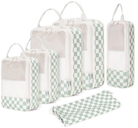 Narwey 6 Teilige Kompression Koffer Organizer, Compression Packing Cubes Backpack Kompression Packwürfel Rucksack, Koffer Organizer Set and Kofferorganizer for Damen and Herren (Checker Mintgrünes)
