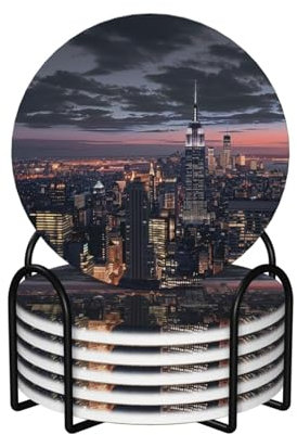 Lot de 6 dessous de verre ronds en céramique absorbants avec support en métal noir pour la décoration de la maison et du bureau Motif New York