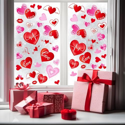 TELAIN Valentine's Day Fensteraufkleber Set, 6 Blätter Mit 174 Herzförmigen Fenstersticker, Wiederverwendbare PVC Fensterbilder Zum Valentinstag Und Jahrestage