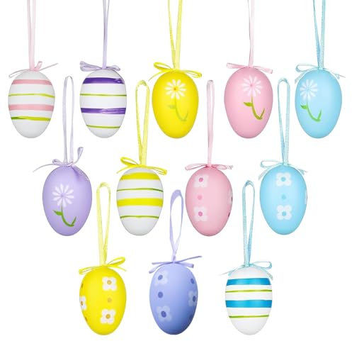 12 Stück Ostereier zum Aufhängen, Bunte Ostereier Deko, mit Seidenband Basteln Ostereier, mit Verschiedenen Stilstreifen, Punkten, Blumen Bemalte Eier, für Kinder Ostern Basteln Dekorationen Geschenke
