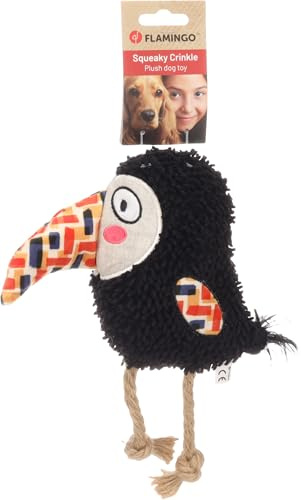 Flamingo Saffia Vogel Spielzeug mit Seil – Schwarz, Mit Quietscher für Extra Spielspaß – Perfekt für Hunde