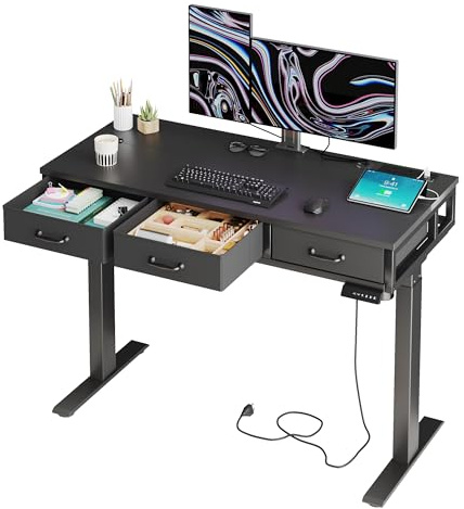 Flrrtenv Electric Standing Desk, 120x55cm Height Adjustable Standing Desk with 3 Fabric Drawers, Sit Stand Desk with 3 Memory & Charging Station, Home Office Desk, Black